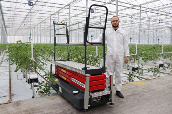 Zdjęcie prezentuje wózek pielęgnacyjno-serwisowy Hortitech 4HD oraz właściciela firmy Mateusza Maryniaczyka w szklarni gdzie w oddali widać sadzonki pomidora w rzędach.